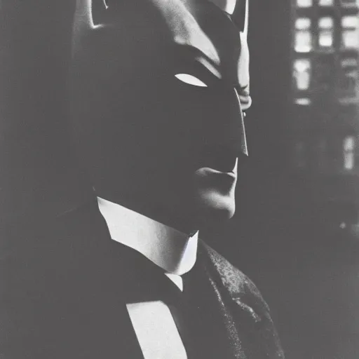 Prompt: old black and white photo portrait, 1 9 2 5, close - up portrait depicting batman standing proudly in alley of new york city, rule of thirds, historical record