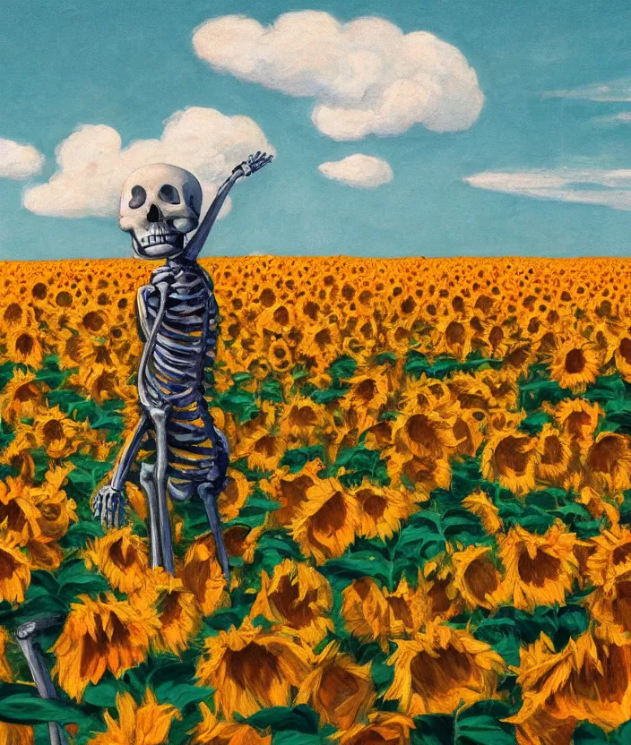 Image similar to a closeup portrait of a skeleton in an orange prisoner overall, standing in beautiful sunflower field, screaming and sad, highly detailed, aesthetic clouds in the sky, in the style of edward hopper, very fine brush strokes, 4 k,