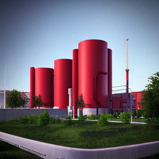 Image similar to “beautiful extreme high-tech factory building with trees sprouting from its high white and red chimneys with pipes shaped like a poset diagram, rendered in octane 3d high resolution, digital art, ultra realistic, ultra detailed, masterpiece”