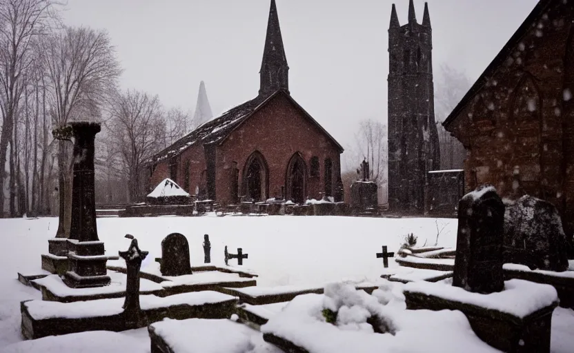 Prompt: inside a snowy graveyard with candles with 18th century gothic church in the background cold and sad in the shining by stanley kubrick, shot by 35mm film color photography