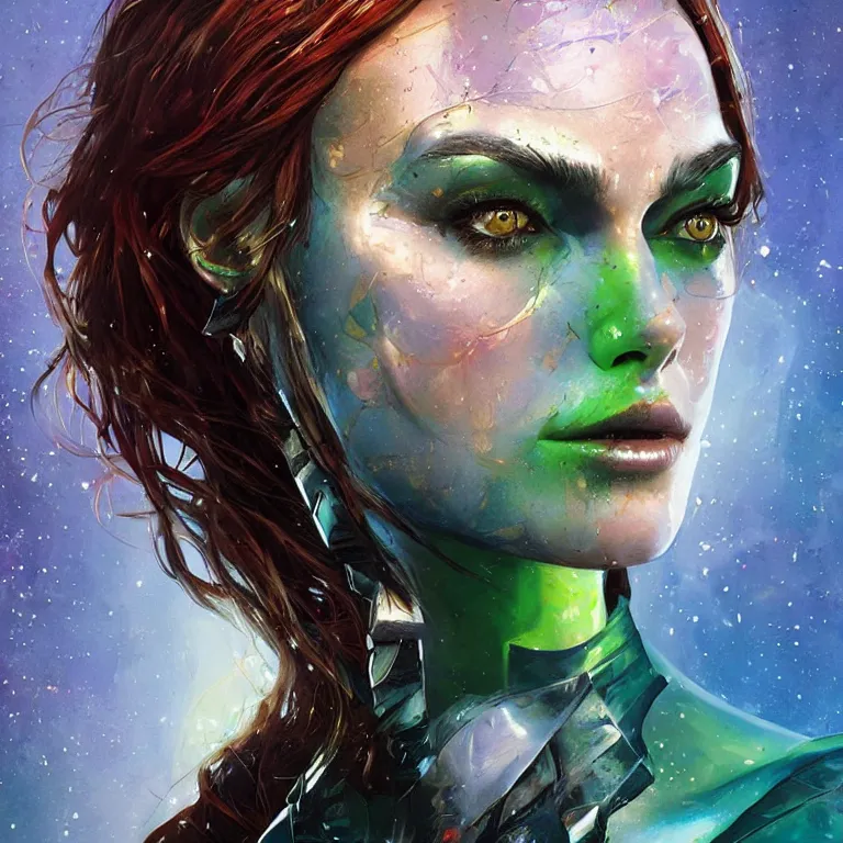 Prompt: Keira Knightley as Gamora (Guardians of the Galaxy) by Karol Bak, Sandra Chevrier, beeple, Pi-Slices and Kidmograph, beautiful digital illustration