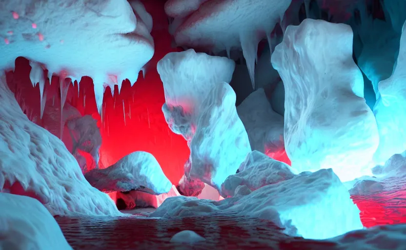 Image similar to liquid nitrogen and with red water-cooling coolant flowing through latent representations of ice caverns by centrifugal forces, gaming pc RGB components sticking out the walls!!!!, high detail, high contrast, low-poly elements!!!, trending on artstation, octane render, subsurface scattering, 4k