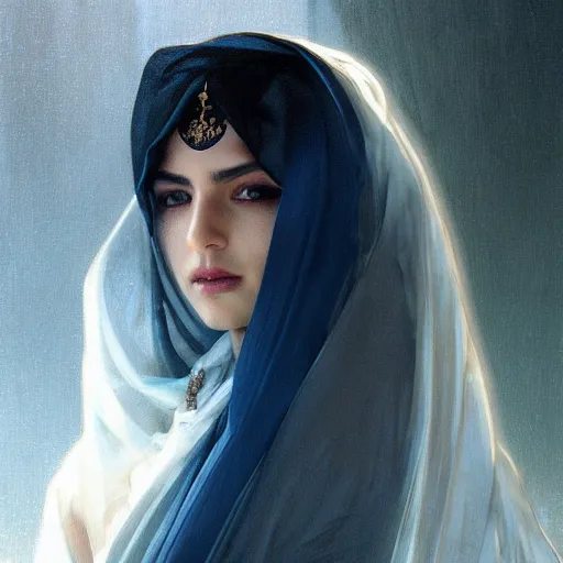 Image similar to a Photorealistic dramatic hyperrealistic render of an arab ameera al taweel, blue eyes, black hair, white veil,by WLOP,Artgerm,Greg Rutkowski,Alphonse Mucha, Beautiful dynamic dramatic dark moody lighting,shadows,cinematic atmosphere,Artstation,concept design art,Octane render,8K