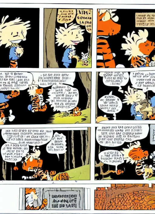 Prompt: a full page full color calvin and hobbes comic about obama and trump