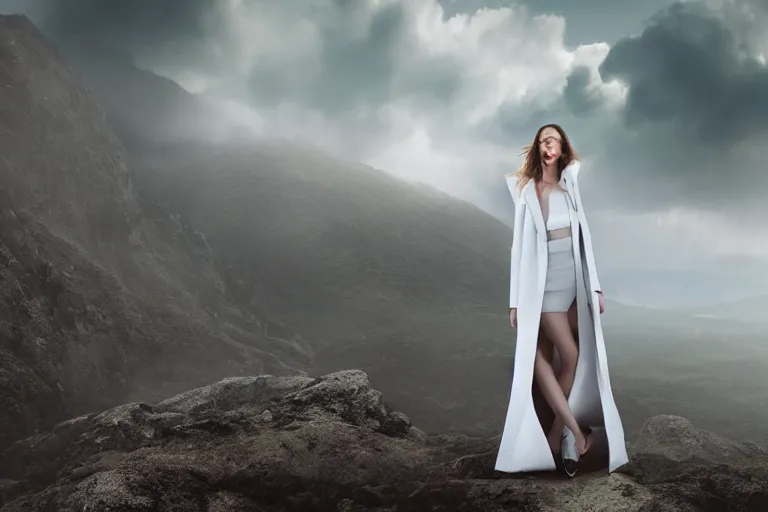 Image similar to a cinematic bust!!!!!! portrait of a beautiful model woman!!!!!! wearing long white futuristic coat, on the top of a mountain, large diffused light, neon light, 4 k, ultra realistic, dramatic lighting, rain, clouds, fog, vogue, fashion, glamour, magazine spread, by marco mazzoni and jessica rossier