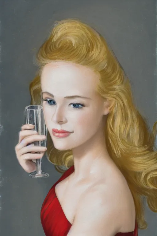 Prompt: 3 5 mm photograph of a young woman with blonde hair, wearing an evening dress, drinking champagne, photorealistic