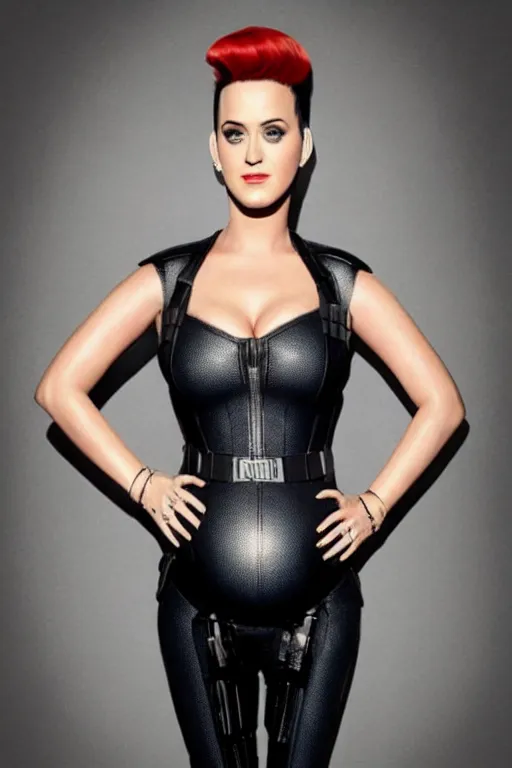 Image similar to katy perry pregnant as black widow in the avengers, portrait realistic photograph, very detailed face