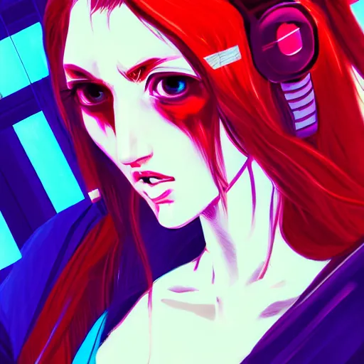 Prompt: a girl with red hair and blue eyes, cyberpunk, rooftop, teal neon lights, highly detailed, digital painting, artstation, concept art, sharp focus, illustration