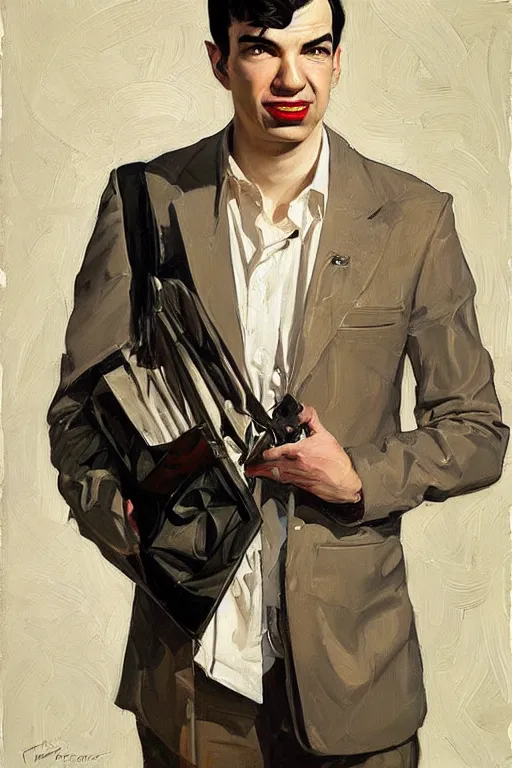 Image similar to nathan fielder, painting by jc leyendecker!! phil hale!, angular, brush strokes, painterly, vintage, crisp