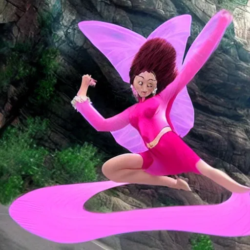 Image similar to ! dream dakini as a modern fairy wearing a pink outfit, flying in the style of superman alongside penguins.