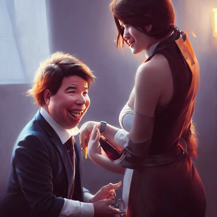 Image similar to michael mcintyre flirting with a singing waitress, elegant, real life skin, intricate artwork, high detailed, artstation, concept art, smooth, sharp focus, art by artgerm and greg rutkowski