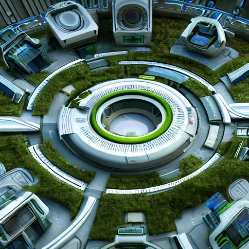 Prompt: a futuristic city located on a space station, the city is white with green lawns and parks. the houses are built in different planes on the huge rings of the station. the city consists of different houses park areas and lakes. in the style of york town from the movie star trek beyond. a cinematographic 7 5 mm shot octane render, 8 k, high resolution