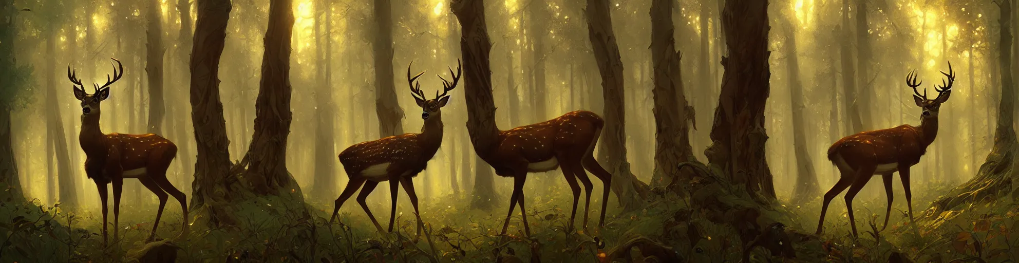 Image similar to Deer in Sherwood Forest, highly detailed, digital painting, artstation, concept art, smooth, sharp focus, illustration, art greg rutkowski and alphonse mucha