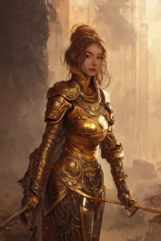 Image similar to portrait knights of Zodiac girl, golden and copper reflected armor, in ruined Agora of Athens, ssci-fi, fantasy, intricate, very very beautiful, elegant, highly detailed, digital painting, artstation, concept art, smooth, sharp focus, illustration, art by WLOP and tian zi and alphonse mucha