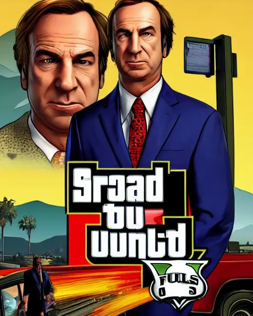 Image similar to Saul Goodman in GTA V, Cover art by Stephen Bliss, boxart, loading screen,