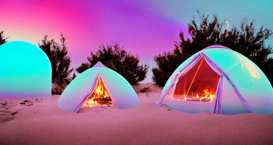 Image similar to a vintage family holiday photo of an empty beach from an alien dreamstate world with chalky pink iridescent!! sand, reflective lavender ocean water, dim bioluminescent plant life and an igloo shaped plastic transparent bell tent surrounded by holiday clutter opposite a fire pit with an iridescence blue flame. refraction, volumetric, light.