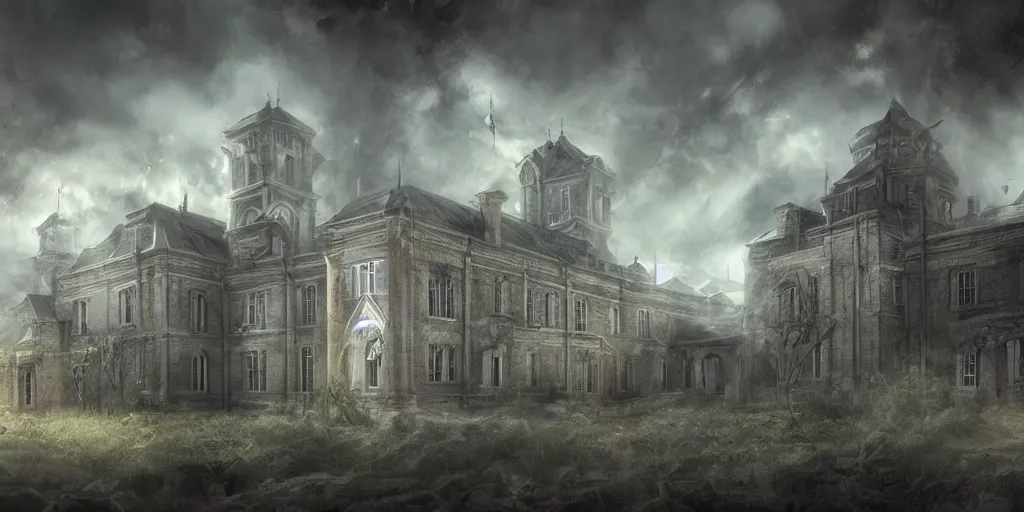 Image similar to Lunatic Asylum, majestic, mysterious, epic scenery, dark fantasy, concept art, wide angle