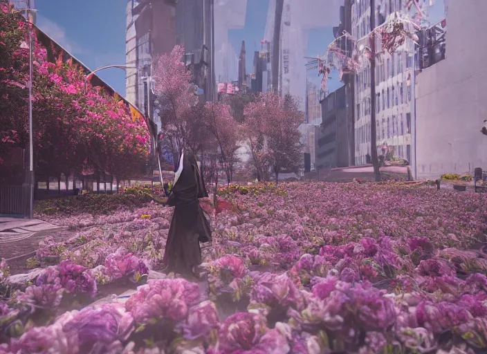 Prompt: A dystopian future in a city covered in flowers sent down to earth from the Gods, evil, demonic, echanting, angelic, flowers, nature, city, symmetry, environment concept, cinematic, Rendered in Octane, trending on artstation, cgsociety, moody lighting rendered by octane engine, environment 8K artstation, cinematic lighting, intricate details, 8k detail post processing, hyperealistic, octane render, photo realism, visually inspired by Blade Runner 2049