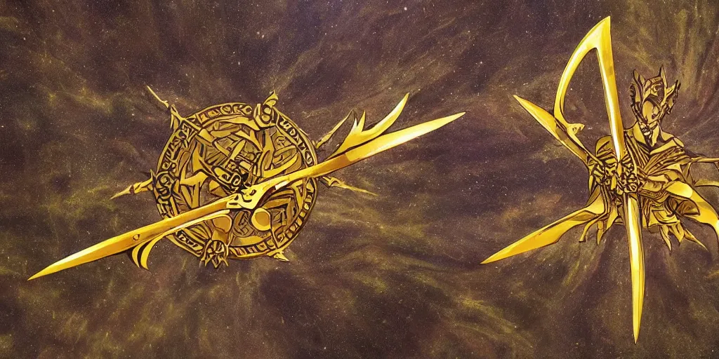 Prompt: the glaive from krull, a large golden ornate magical shuriken, flies thru a ancient forest leaving a trail of particles, the glaive is in sharp focus but the background is blurred