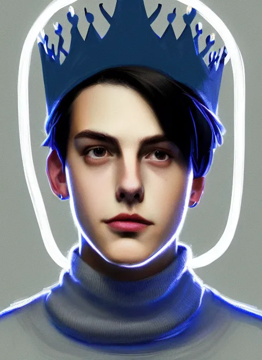 Image similar to portrait of teenage jughead jones wearing a light grey crown, crown, blue turtleneck, closed eyes, photorealistic, black hair, glowing lighting, intricate, elegant, glowing lights, highly detailed, digital painting, artstation, concept art, smooth, sharp focus, illustration, art by wlop, mars ravelo and greg rutkowski