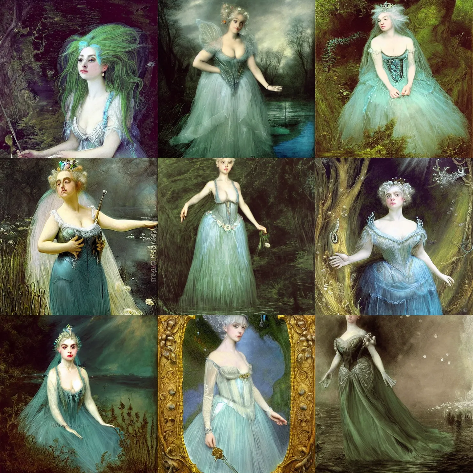 Prompt: A silver haired mad, narcissistic fairy princess from the 18th century, dressed in a Queen Victoria's wedding dress, floathing underwater in a lake, mystical, atmospheric, scarry, ghost like, greenish blue tones, fantasy concept art by Annie Stegg Gerard, John Anster Fitzgerald, and John Everett Millais