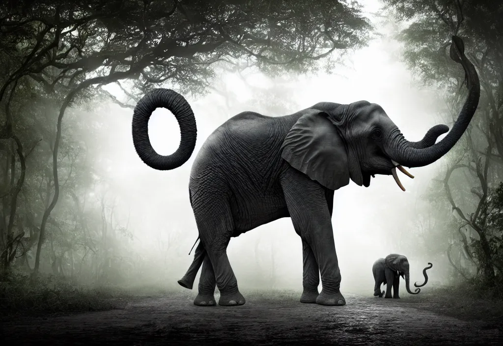 Prompt: an enormous elephant king, his trunk is a huge tentacle, in a jungle with ominous light from above, ambient light, fog, river, symmetrical, poetic