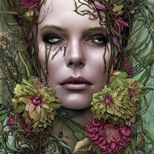 Image similar to a beautiful detailed front view portrait of a rotten woman corpse with plants and fractal flowers growing around, artgerm, joshua middleton comic cover art,