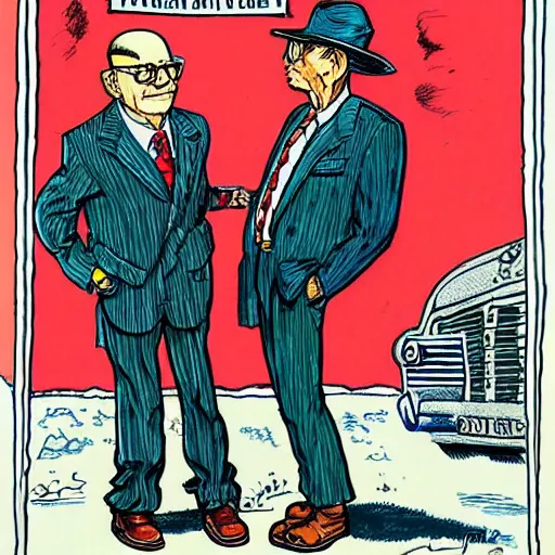 Image similar to The Artwork of R. Crumb and his Cheap Suit Klaus Schwab and Justin Tradeau, pencil and colored marker artwork, trailer-trash lifestyle