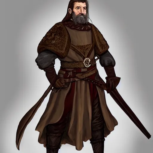 Image similar to 5 0 years old man, tall : : brown hair, stubble beard : : decorated medieval clothing : : high detail, digital art, rpg, concept art, illustration