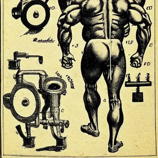 Image similar to a muscular bald man carrying engines on his back, technical diagram