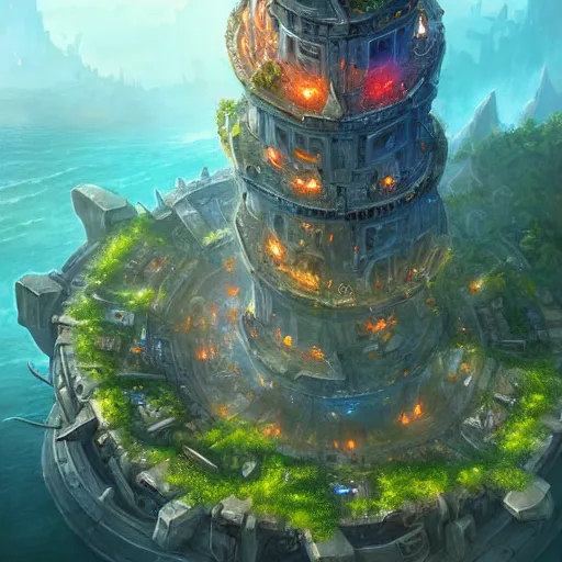 Image similar to aerial view of a giant fish tank shaped like a tower in the middle of a city, godray on plants, fantasy digital art, fantasy style art, fantasy hearthstone art style, fantasy game art by greg rutkowski, darksouls concept art