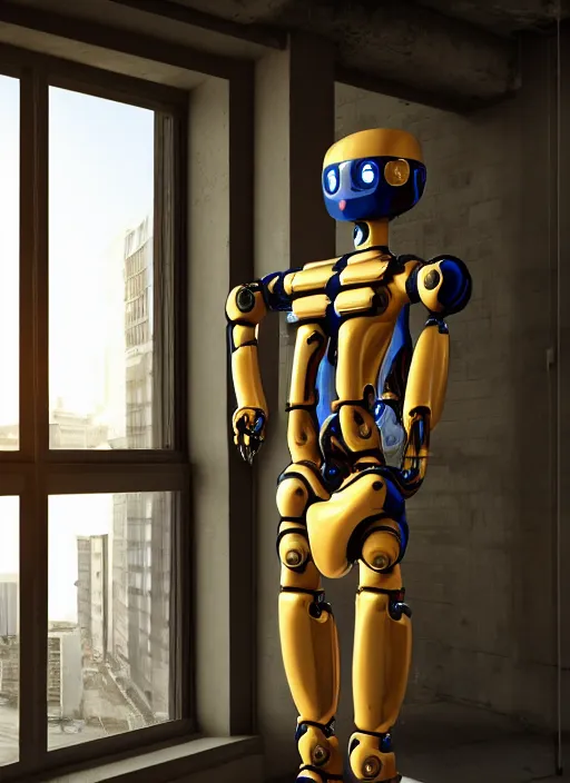 Image similar to Industrial style humanoid robot wearing human clothes, drinking a cup of coffee, standing in front of his apartment window looking outside, global illumination, radiant light, detailed and intricate environment