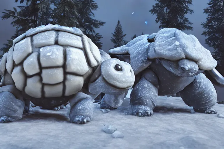 Image similar to highly realistic 3 d rendering of blastoise covered in snow and ice, unreal engine 5, volumetric lighting