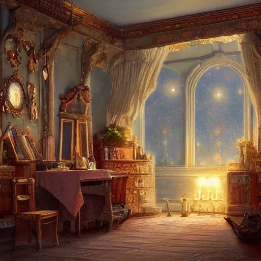 Prompt: detailed painting of an interior room with celestial ephemeral ornaments and thomas kincade architecture, artstation, greg crewdson, cinematic