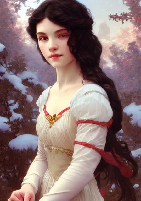 Image similar to little snow white, intricate, elegant, highly detailed, digital painting, artstation, concept art, smooth, sharp focus, illustration, art by artgerm and greg rutkowski and alphonse mucha and william - adolphe bouguereau