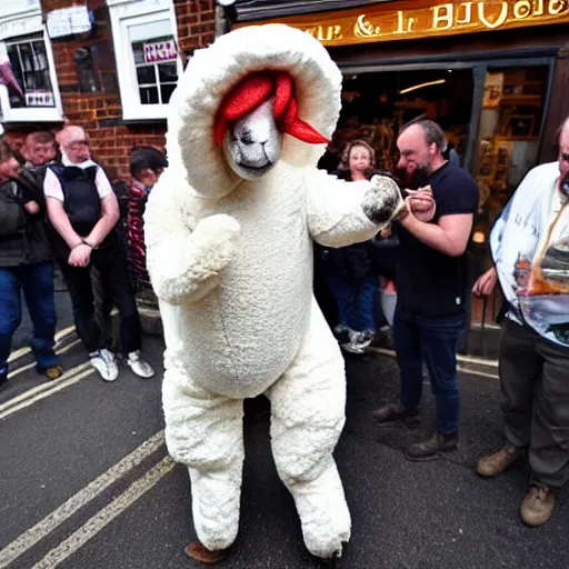 Prompt: photo of a man in a sheep costume in flames and jesus is helping him outside a british pub