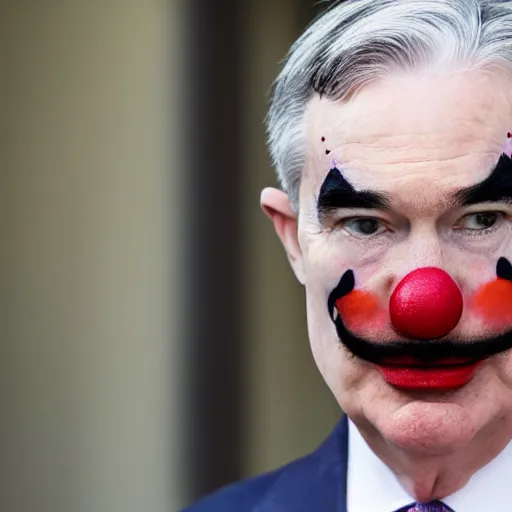 Image similar to Jerome Powell with colorful clown makeup all over his face whiteface, walking outside in a garden