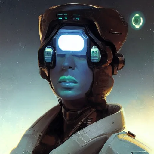 Image similar to a middle eastern starship medical officer with cybernetic enhancements, female, sci fi character portrait by greg rutkowski, craig mullins