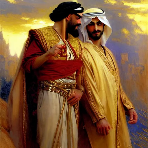 Image similar to attractive arab king in love with his attractive male prince. highly detailed painting by gaston bussiere, craig mullins, j. c. leyendecker