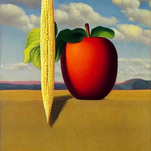 Image similar to The Son of Man painting by Rene Magritte but with an corn cob instead of an apple