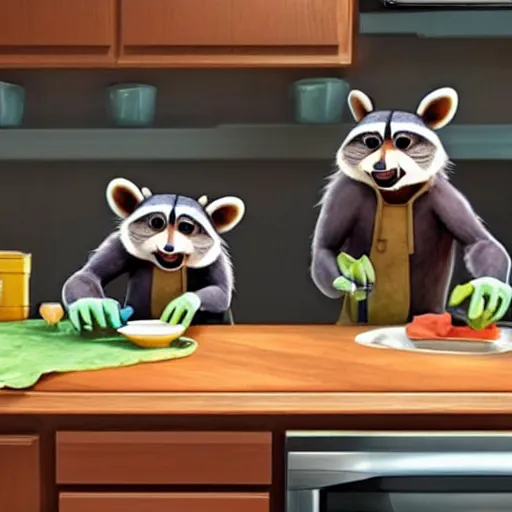 Image similar to two raccoons doing the dishes, pixar style