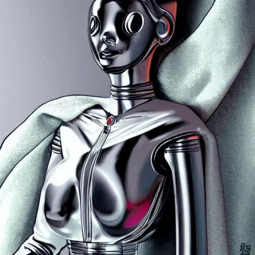 Image similar to boudoir, shiny chrome robot woman holding a blanket against herself, beautiful robot automaton