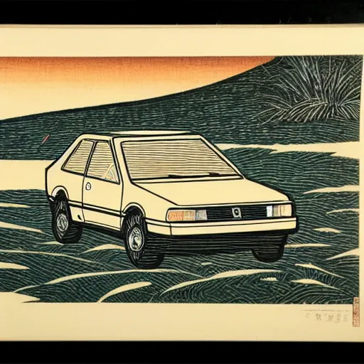 Prompt: japanese woodblock landscape print of a 1 9 8 0 honda civic