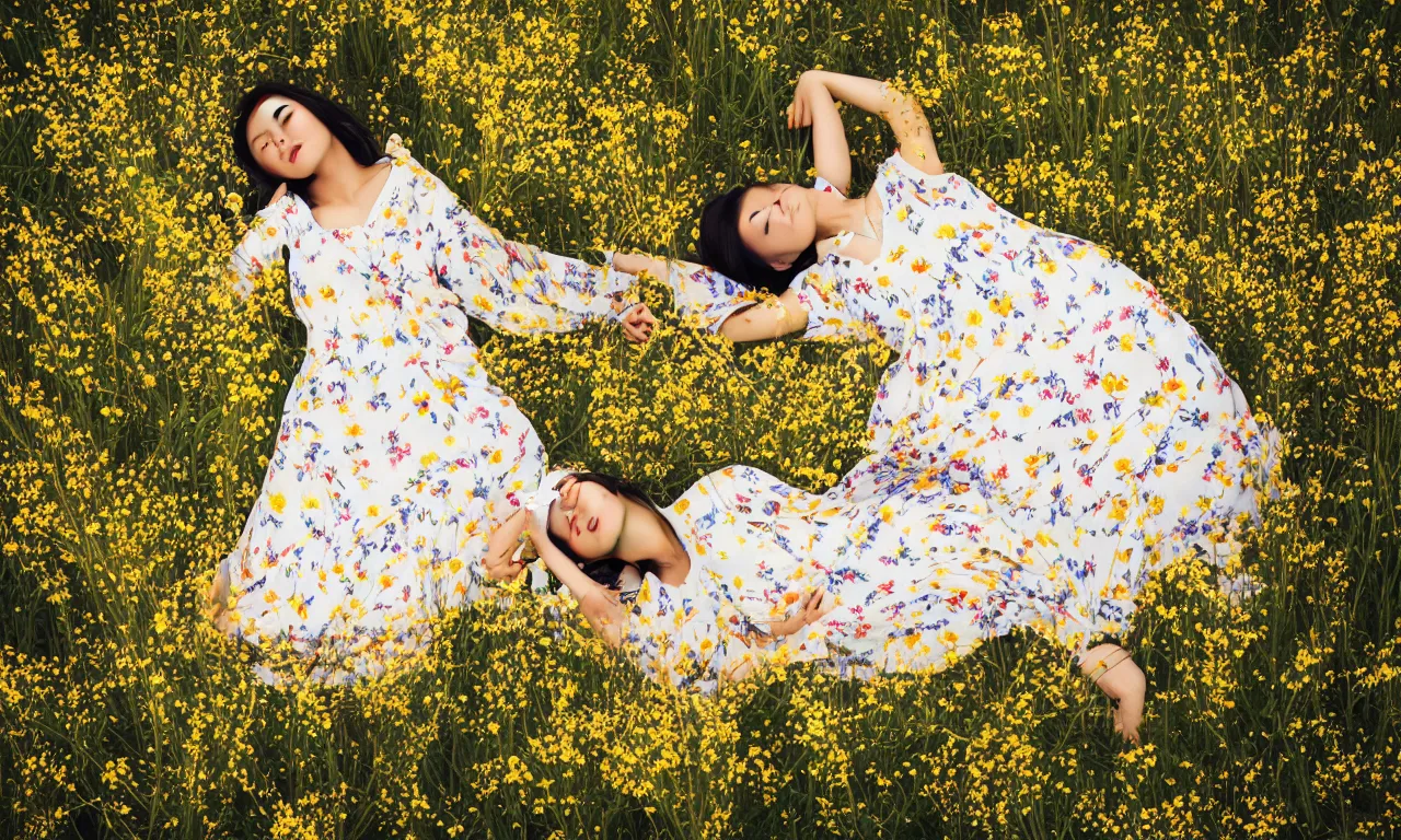 Image similar to beautiful Asian woman lying in a field of wildflowers, wearing a yellow and white sun dress, medium close, dreamy