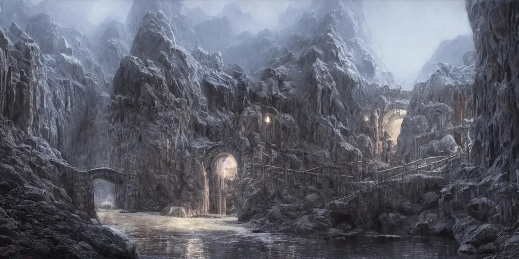 Image similar to Bridge in the Mines of Moria, detailed matte painting, cinematic, Alan Lee, Artstation