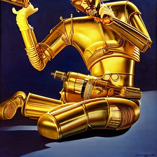 Image similar to a reclining half human c3po by Gil Elvgren, holding a smoking ray-gun, head, body, legs