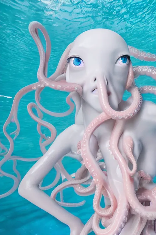 Image similar to full head and shoulders, beautiful porcelain female person, smooth, delicate facial features, big detailed eyes, white lashes, wearing a pale blue swimming cap and pale pink swimming costume, 3 d white large octopus tentacles, standing in a pastel soviet swimming pool, by daniel arsham and james jean