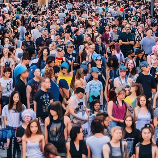 Image similar to zoomed out view of a crowd standing in line that goes on forever, modelsociety, radiant skin, huge anime eyes, rtx on, perfect face, directed gaze, sony a 7 r iv, symmetric balance, polarizing filter, photolab, lightroom, 4 k, dolby vision, photography award