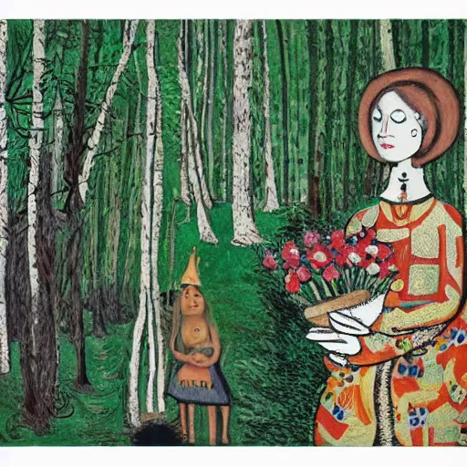 Prompt: In the photograph Vasilisa can be seen standing in the forest, surrounded by animals. She is holding a basket of flowers in one hand and a spindle in the other. Her face is turned towards the viewer, with a gentle expression. In the background, the forest is depicted as a dark and mysterious place. by Jean Dubuffet, by Kevin Sloan dynamic, geometric