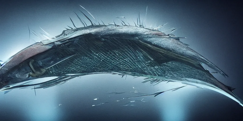 Image similar to sailfish, stylized layered textures, long flowing fins, bioluminescent orbs, 3 d render, substance painter, glowing eye, smooth, sharp focus, art by h r giger